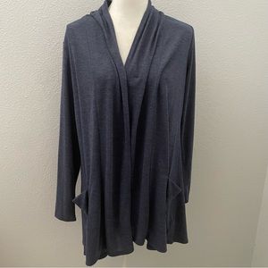 LOGO Lori Goldstein navy blue heathered open front cardigan with ruffle size med